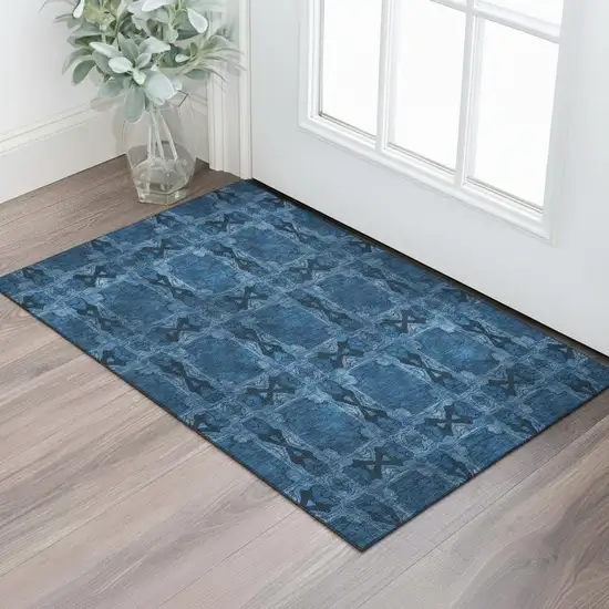 Navy Blue And Gray Floral Medallion Washable Area Rug With UV Protection Photo 1