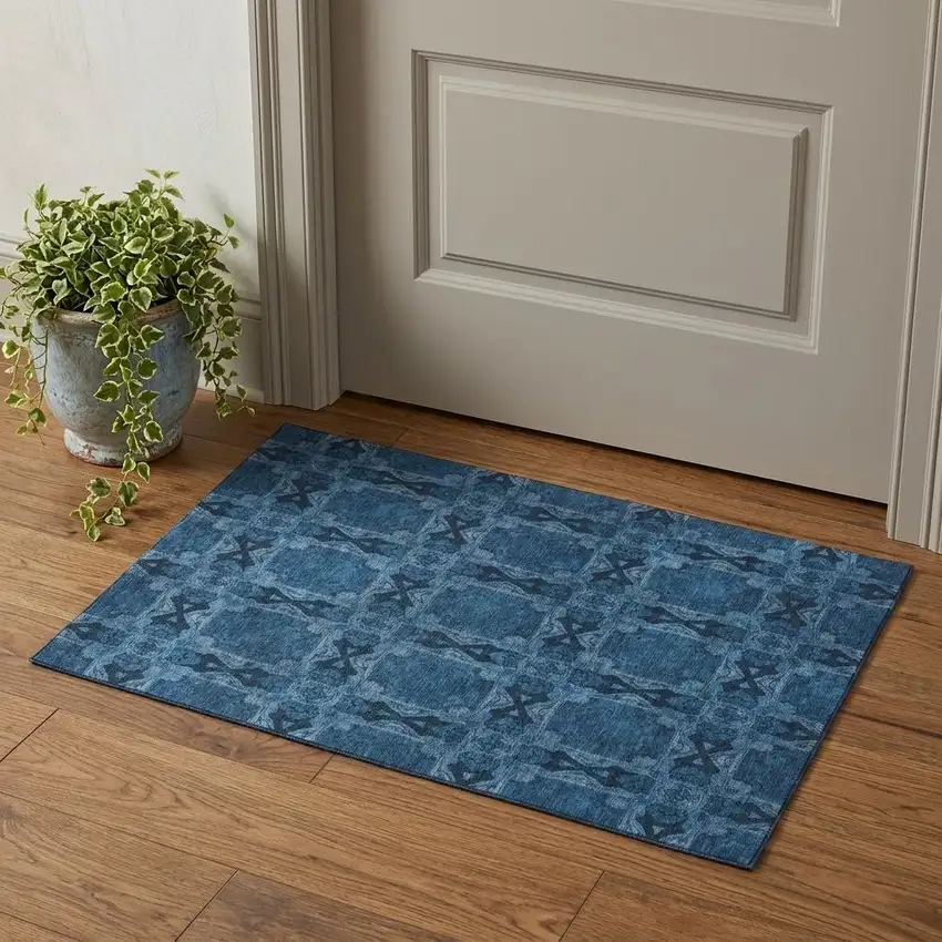 Navy Blue And Gray Floral Medallion Washable Area Rug With UV Protection Photo 1