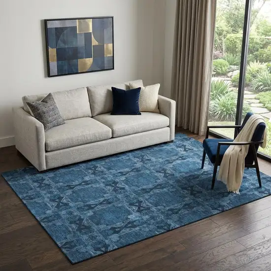 Navy Blue And Gray Floral Medallion Washable Area Rug With UV Protection Photo 1