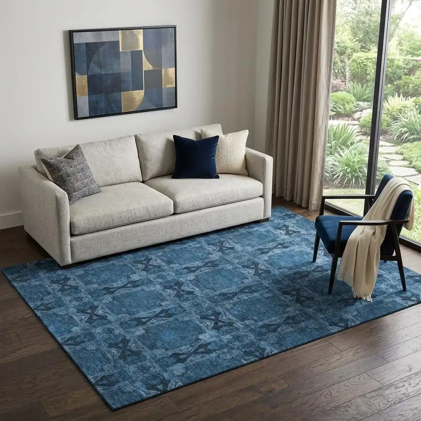 Navy Blue And Gray Floral Medallion Washable Area Rug With UV Protection Photo 1