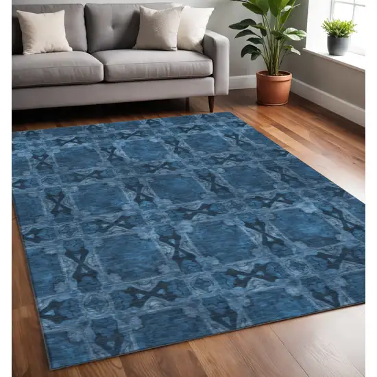 Navy Blue And Gray Floral Medallion Washable Area Rug With UV Protection Photo 2