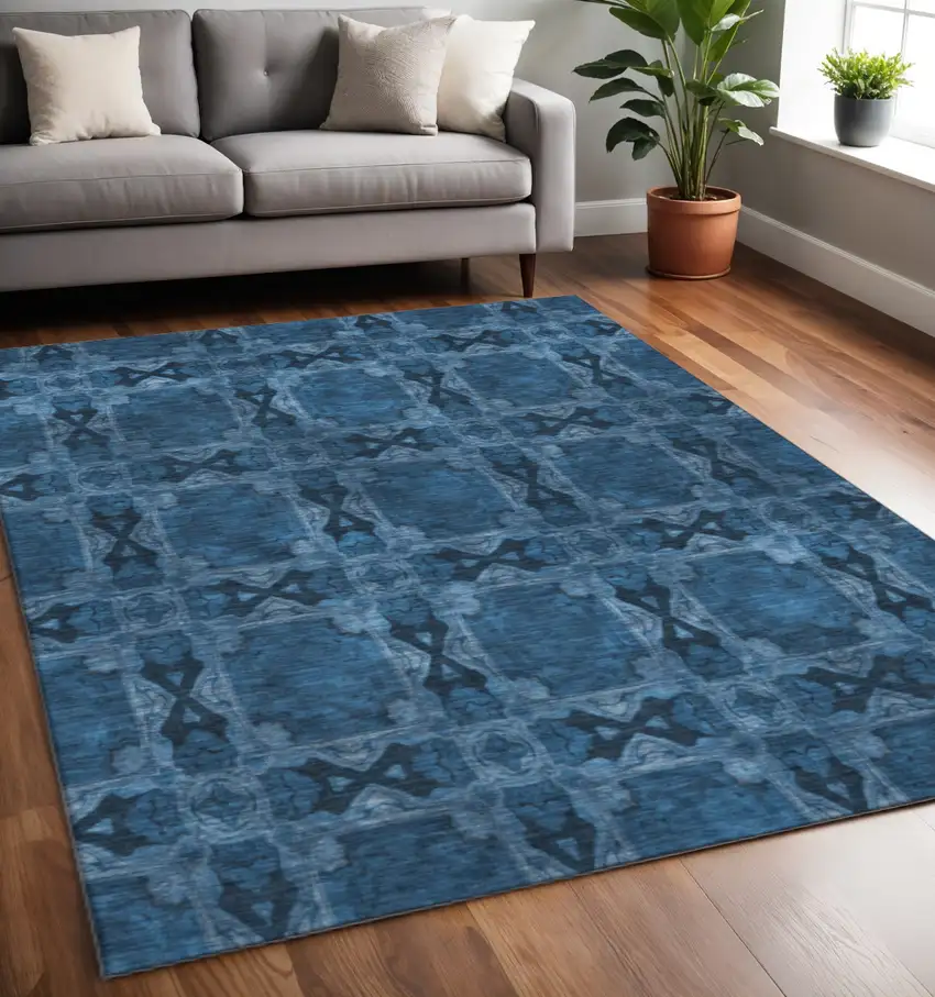 Navy Blue And Gray Floral Medallion Washable Area Rug With UV Protection Photo 2