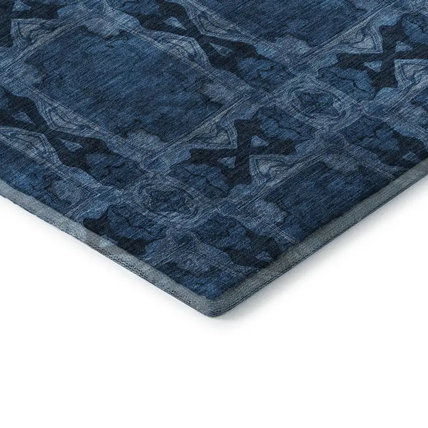 Navy Blue And Gray Floral Medallion Washable Area Rug With UV Protection Photo 8