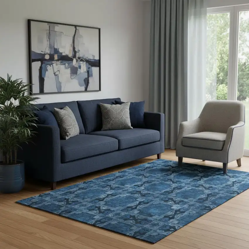 Navy Blue And Gray Floral Medallion Washable Area Rug With UV Protection Photo 1