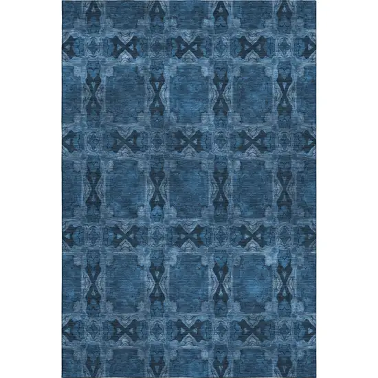Navy Blue And Gray Floral Medallion Washable Area Rug With UV Protection Photo 1
