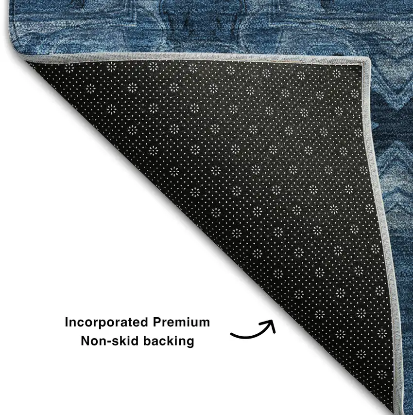 Navy Blue And Gray Floral Medallion Washable Area Rug With UV Protection Photo 7