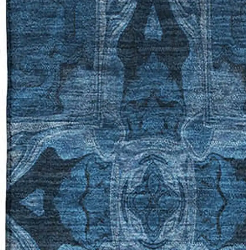 Navy Blue And Gray Floral Medallion Washable Area Rug With UV Protection Photo 3