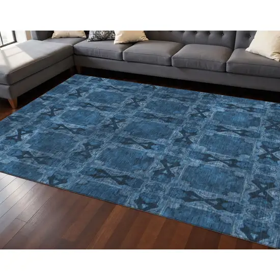 Navy Blue And Gray Floral Medallion Washable Area Rug With UV Protection Photo 2