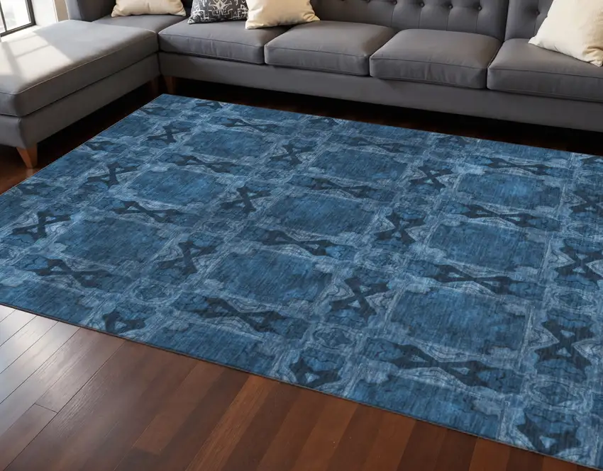 Navy Blue And Gray Floral Medallion Washable Area Rug With UV Protection Photo 2