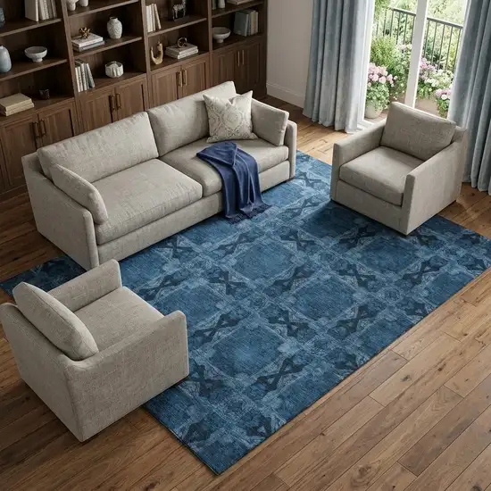 Navy Blue And Gray Floral Medallion Washable Area Rug With UV Protection Photo 1