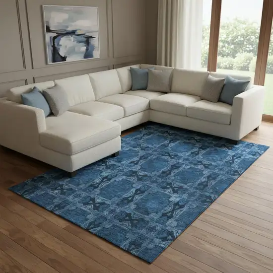 Navy Blue And Gray Floral Medallion Washable Area Rug With UV Protection Photo 1