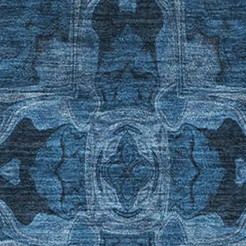 Navy Blue And Gray Floral Medallion Washable Area Rug With UV Protection Photo 3