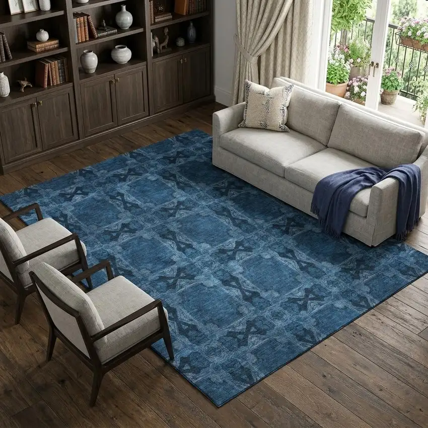 Navy Blue And Gray Floral Medallion Washable Area Rug With UV Protection Photo 1