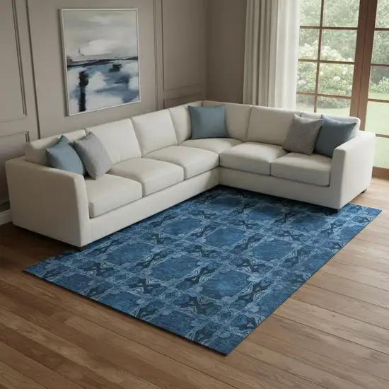 Navy Blue And Gray Floral Medallion Washable Area Rug With UV Protection Photo 1