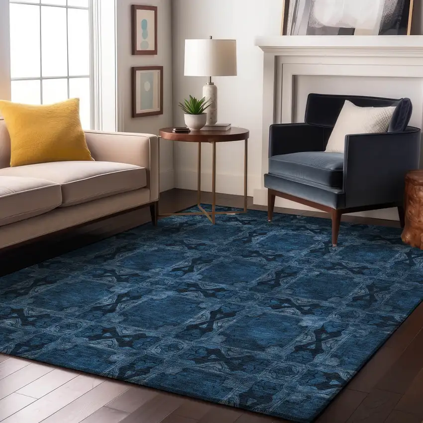 Navy Blue And Gray Floral Medallion Washable Area Rug With UV Protection Photo 5