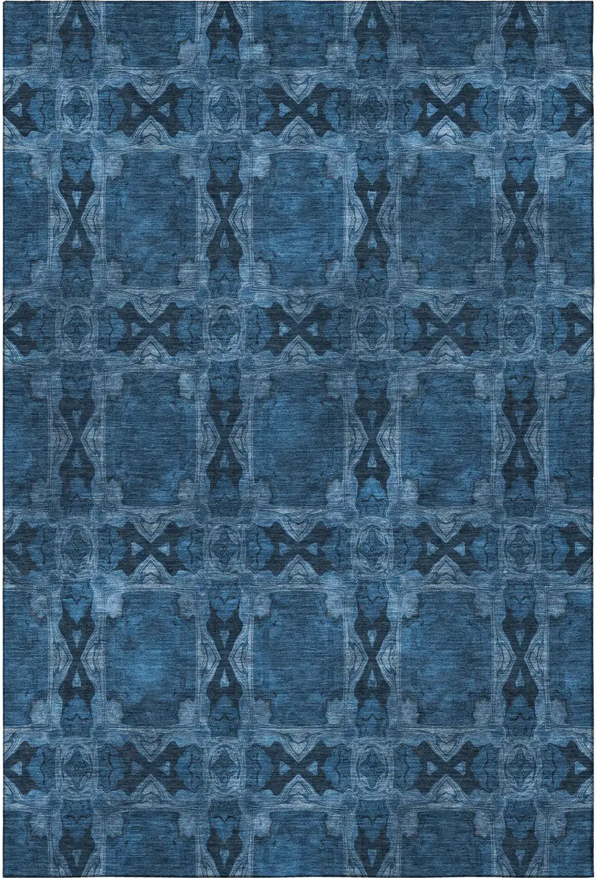 Navy Blue And Gray Floral Medallion Washable Area Rug With UV Protection Photo 4