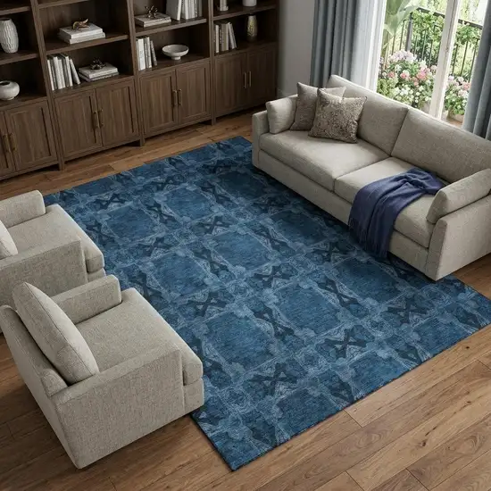 Navy Blue And Gray Floral Medallion Washable Area Rug With UV Protection Photo 1