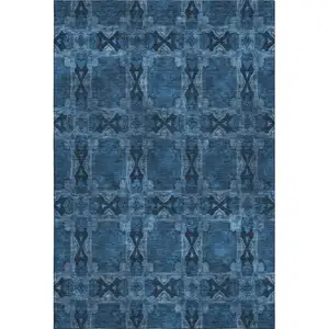 Photo of Navy Blue And Gray Floral Medallion Washable Area Rug With UV Protection