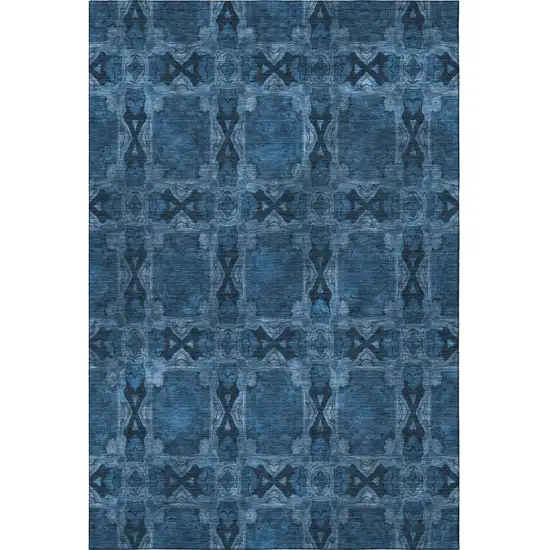 Navy Blue And Gray Floral Medallion Washable Area Rug With UV Protection Photo 4