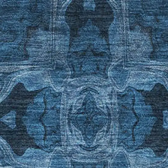 Navy Blue And Gray Floral Medallion Washable Area Rug With UV Protection Photo 3