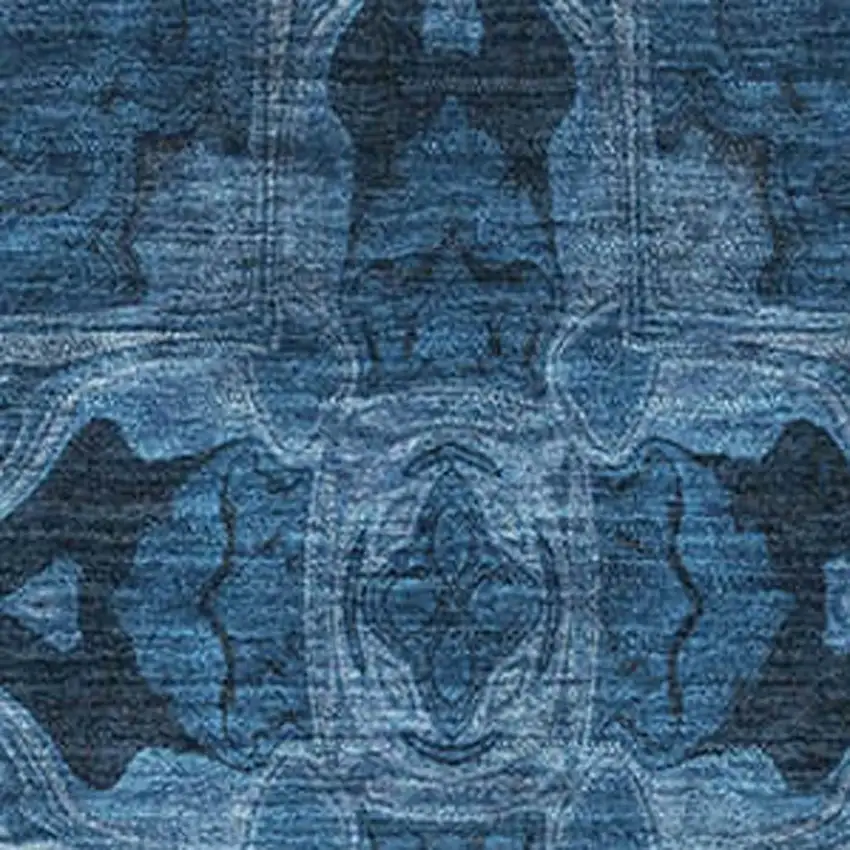 Navy Blue And Gray Floral Medallion Washable Area Rug With UV Protection Photo 3