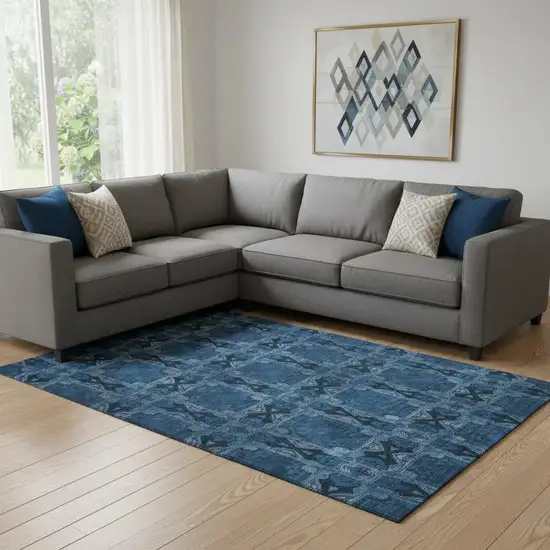 Navy Blue And Gray Floral Medallion Washable Area Rug With UV Protection Photo 1