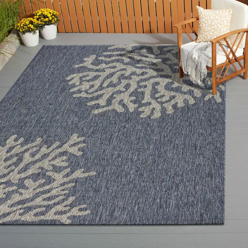 Navy Blue And Gray Floral Square Rug Photo 5