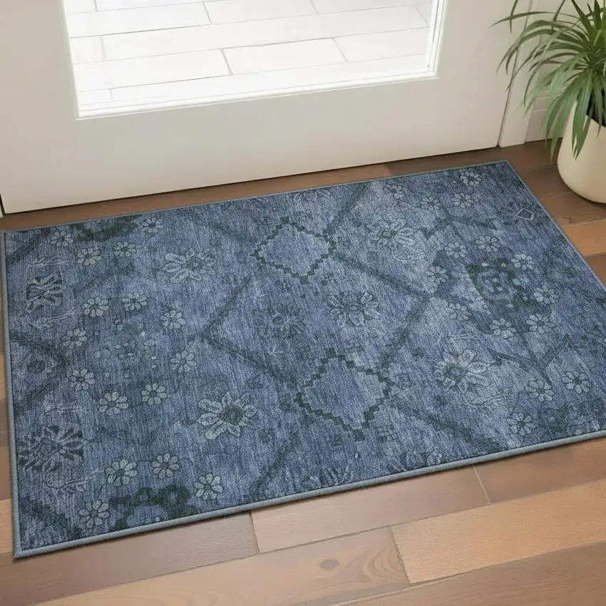 Navy Blue And Gray Floral Washable Area Rug With UV Protection Photo 2