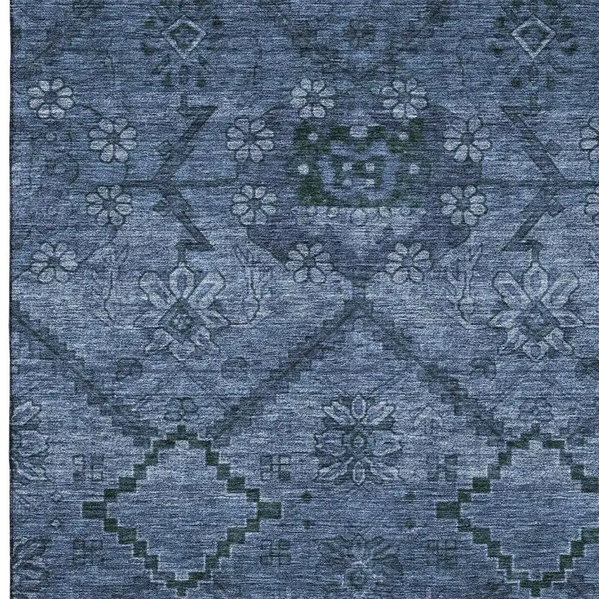Navy Blue And Gray Floral Washable Area Rug With UV Protection Photo 4