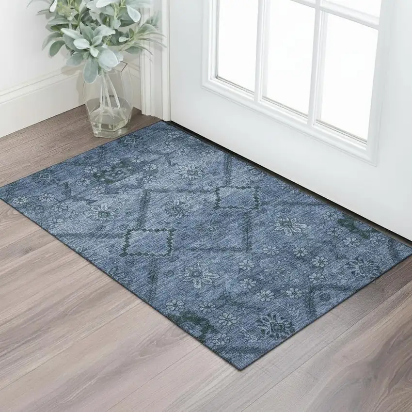 Navy Blue And Gray Floral Washable Area Rug With UV Protection Photo 1