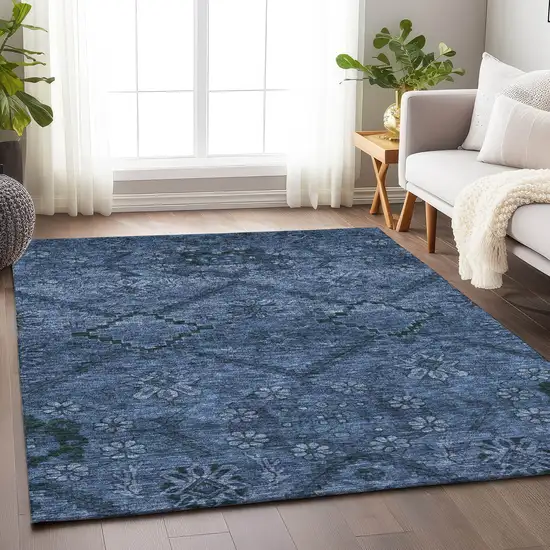 Navy Blue And Gray Floral Washable Area Rug With UV Protection Photo 6