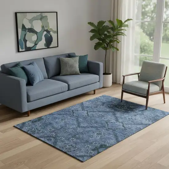 Navy Blue And Gray Floral Washable Area Rug With UV Protection Photo 1