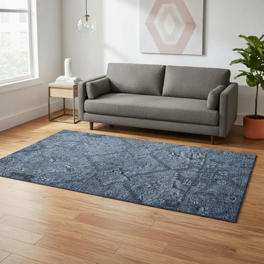 Navy Blue And Gray Floral Washable Area Rug With UV Protection Photo 2