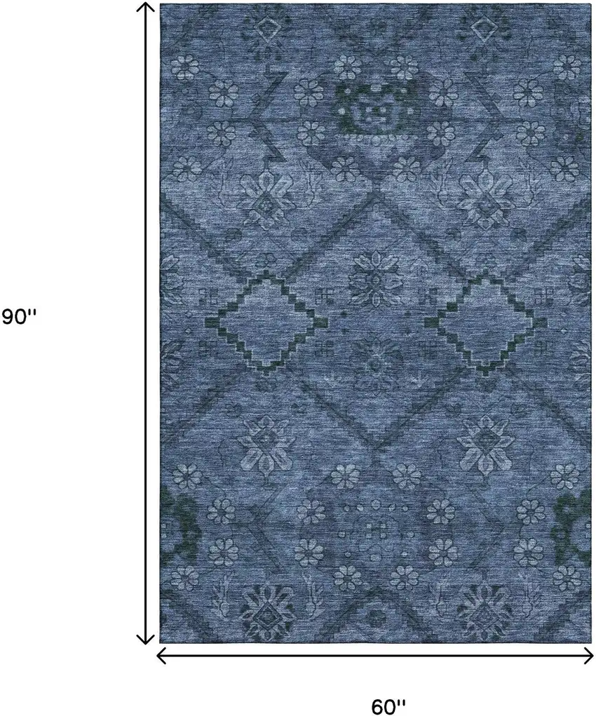 Navy Blue And Gray Floral Washable Area Rug With UV Protection Photo 3