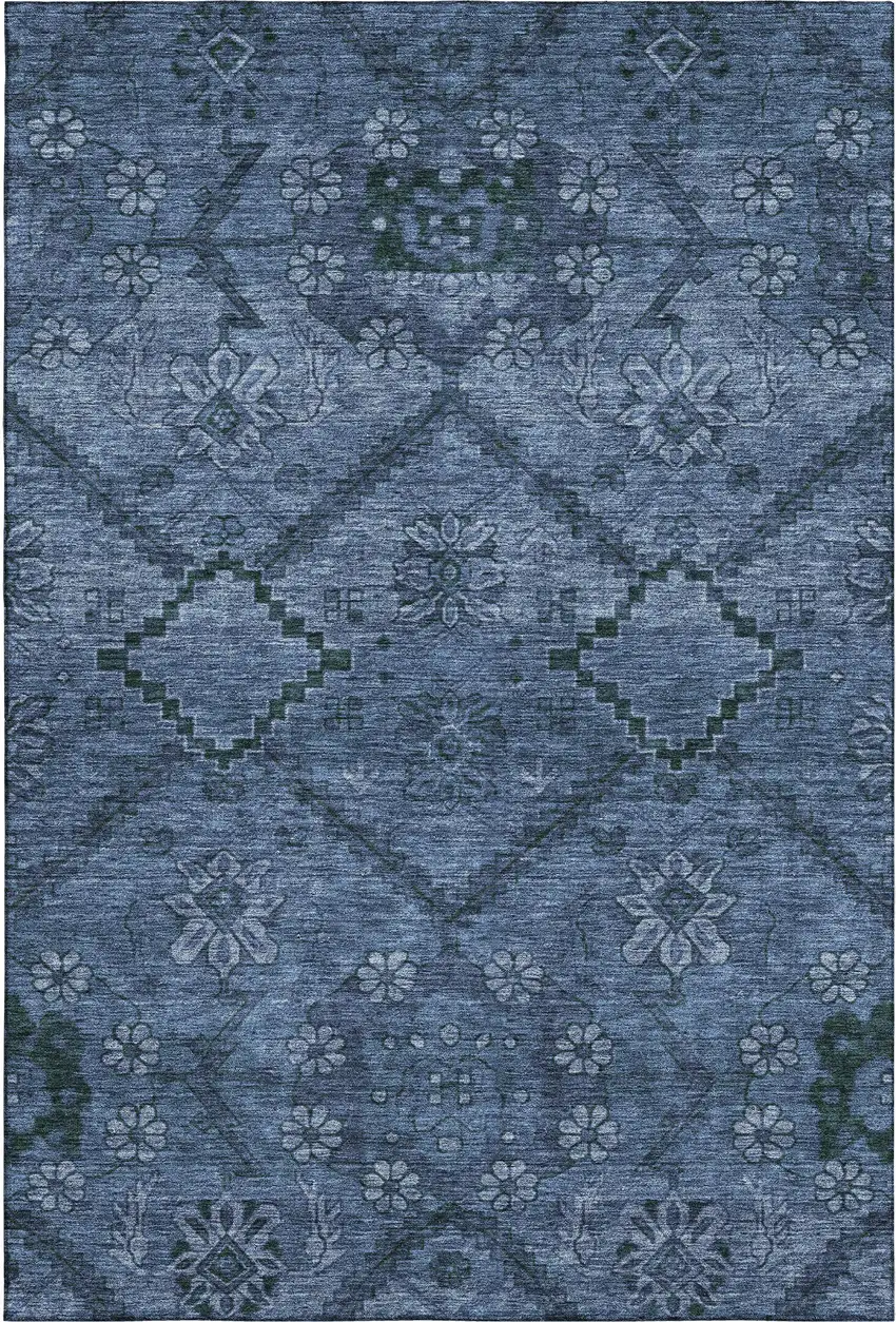 Navy Blue And Gray Floral Washable Area Rug With UV Protection Photo 1