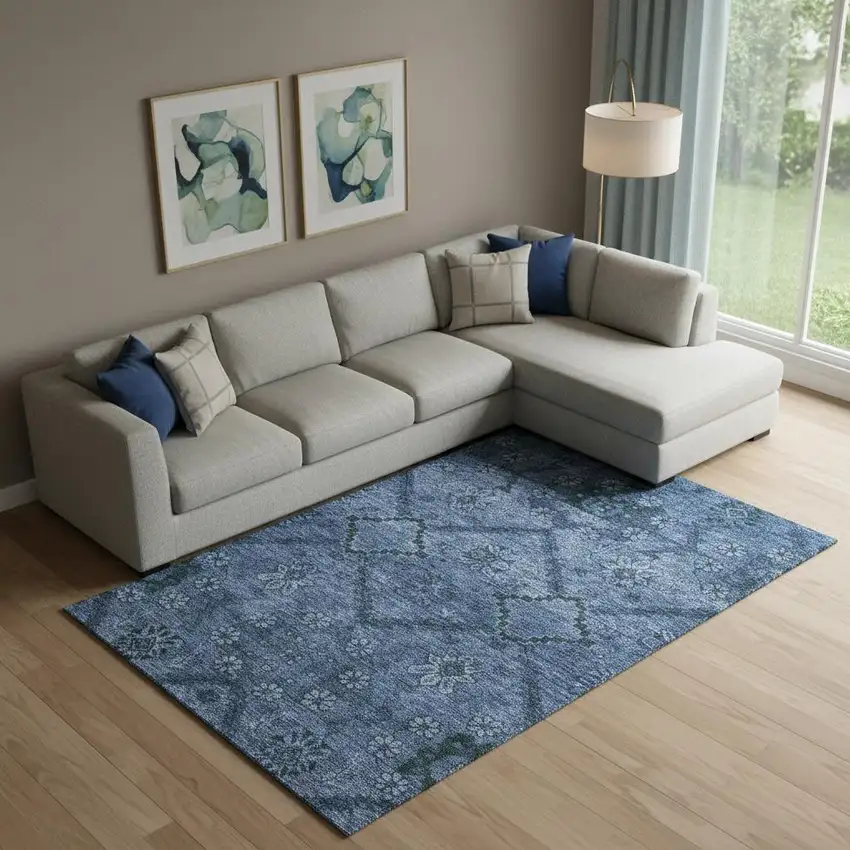 Navy Blue And Gray Floral Washable Area Rug With UV Protection Photo 1