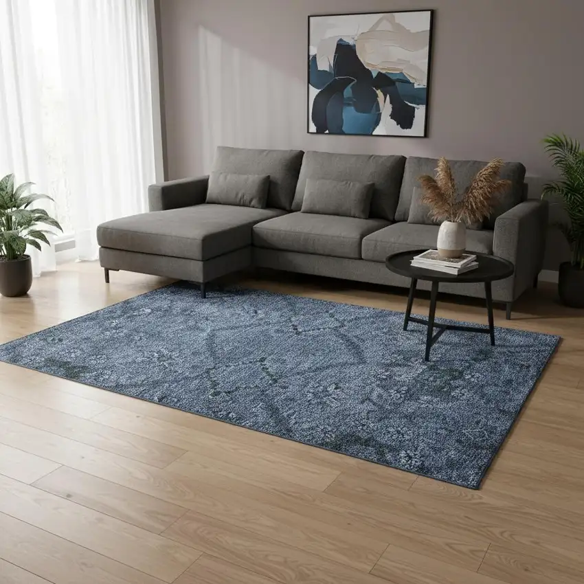 Navy Blue And Gray Floral Washable Area Rug With UV Protection Photo 2