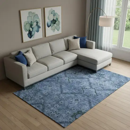 Navy Blue And Gray Floral Washable Area Rug With UV Protection Photo 1