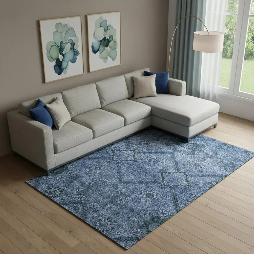 Navy Blue And Gray Floral Washable Area Rug With UV Protection Photo 1