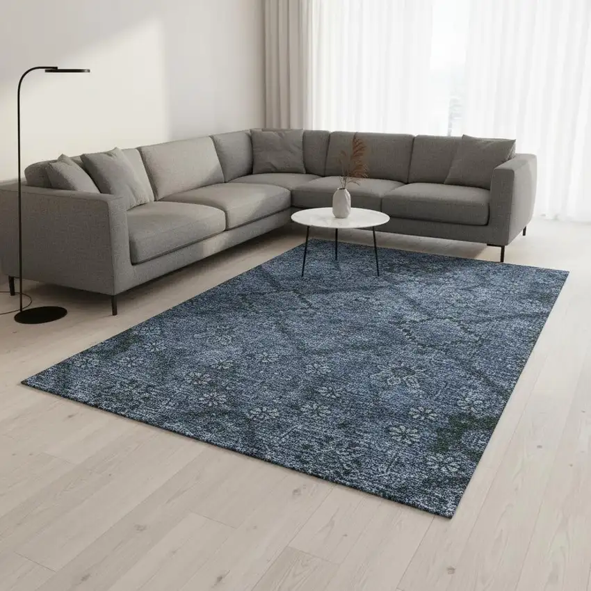 Navy Blue And Gray Floral Washable Area Rug With UV Protection Photo 2