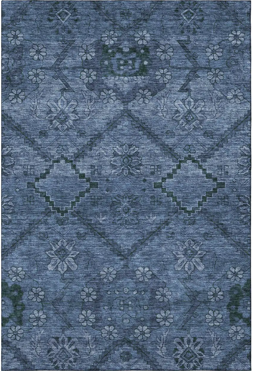 Navy Blue And Gray Floral Washable Area Rug With UV Protection Photo 4