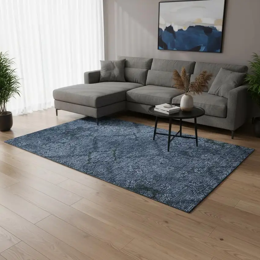 Navy Blue And Gray Floral Washable Area Rug With UV Protection Photo 2