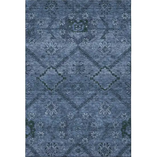 Navy Blue And Gray Floral Washable Area Rug With UV Protection Photo 4