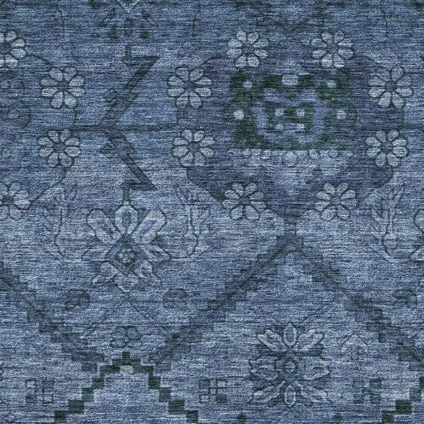 Navy Blue And Gray Floral Washable Area Rug With UV Protection Photo 3