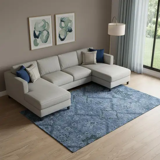 Navy Blue And Gray Floral Washable Area Rug With UV Protection Photo 1