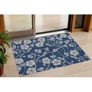 Photo of Navy Blue And Gray Floral Washable Indoor Outdoor Area Rug