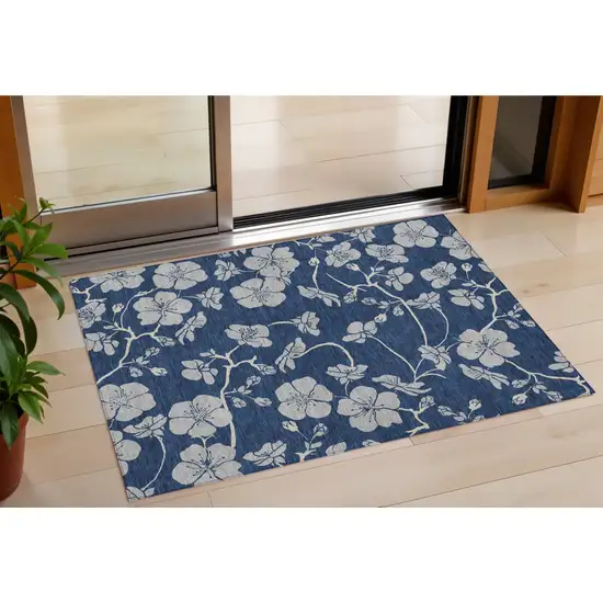 Navy Blue And Gray Floral Washable Indoor Outdoor Area Rug Photo 1