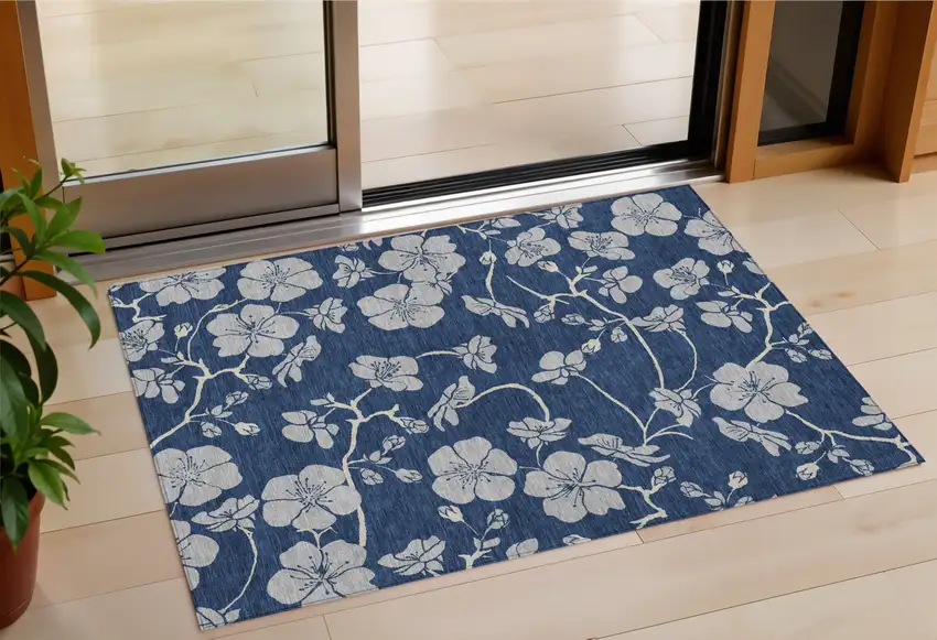 Navy Blue And Gray Floral Washable Indoor Outdoor Area Rug Photo 1