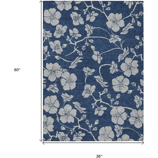 Navy Blue And Gray Floral Washable Indoor Outdoor Area Rug Photo 3