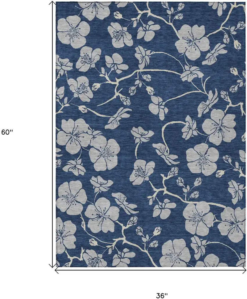 Navy Blue And Gray Floral Washable Indoor Outdoor Area Rug Photo 3